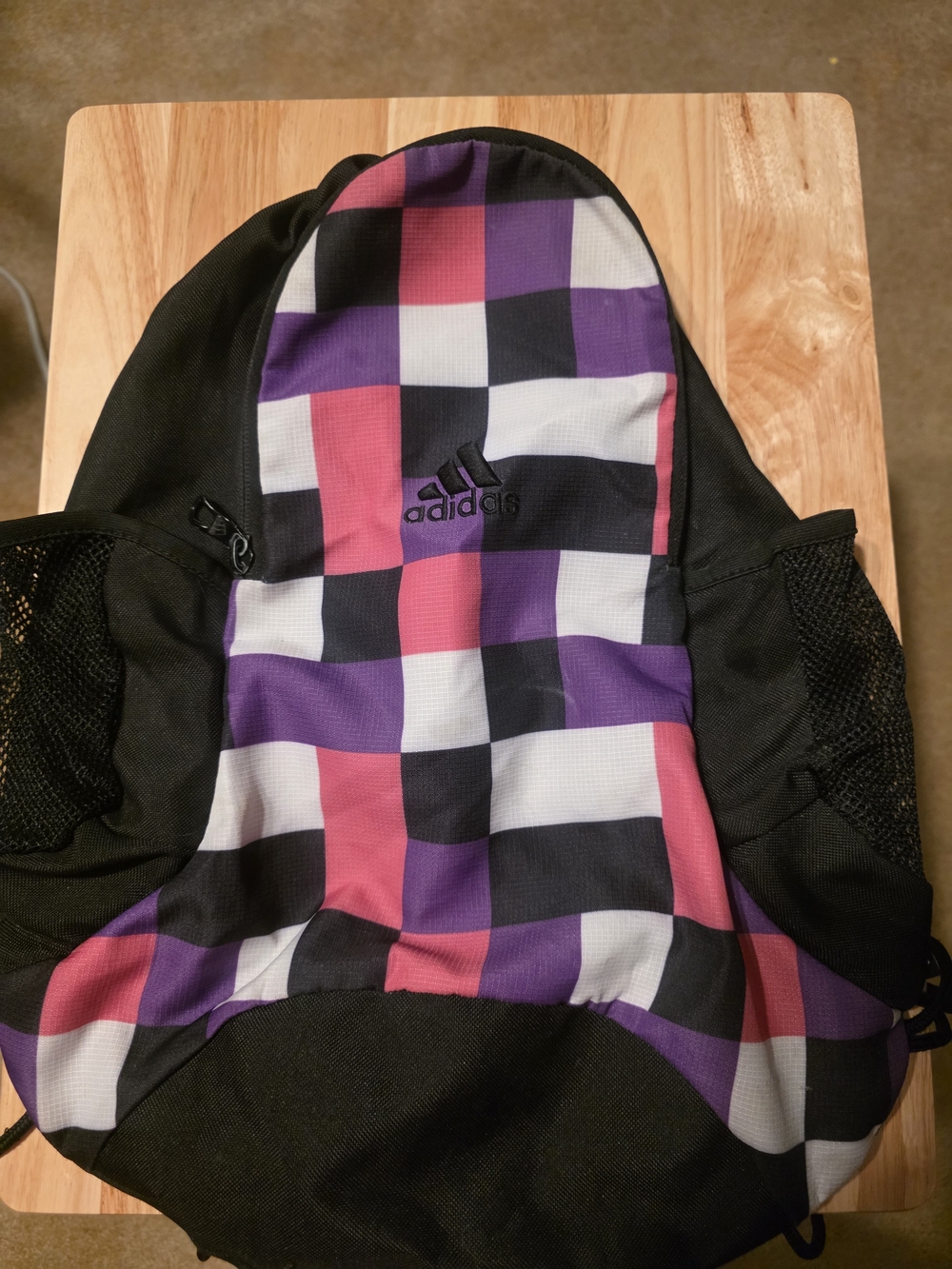 Adidas Checkerboard Backpack in Purple, Pink & Black